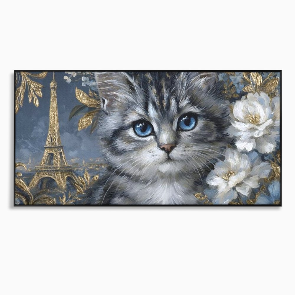 Tablou canvas cu tablou canvas cu pisica si turnul eiffel, in rama de aluminiu negru